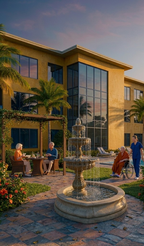 Assisted living facility courtyard at sunset